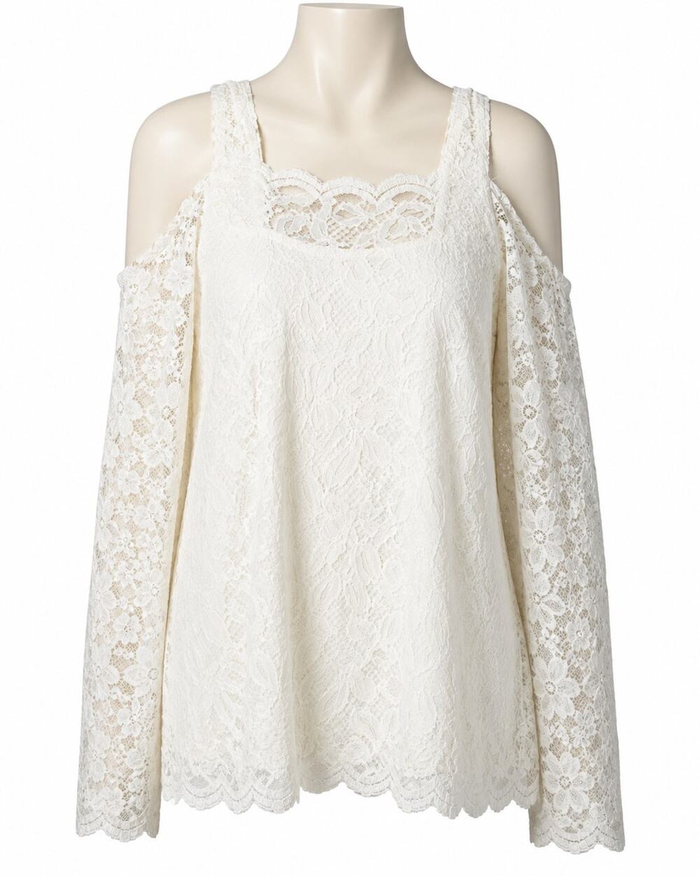 Chico’s Womens Blouse Cold Shoulder Sz 1 Med White Ivory Lace Lined Long Sleeve